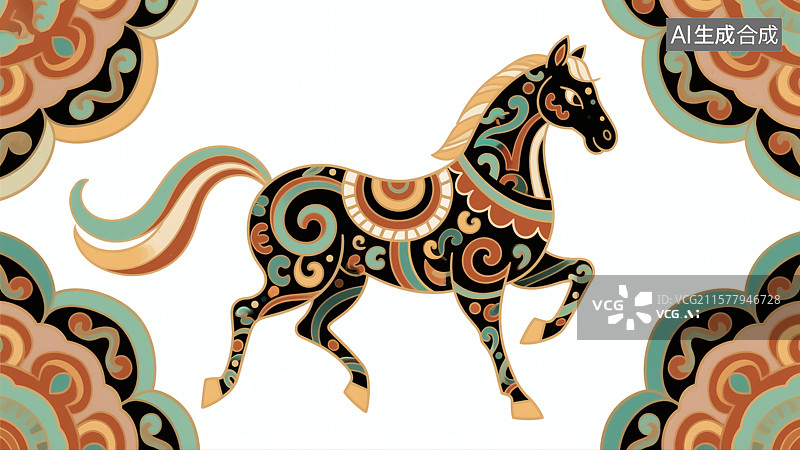 【AI数字艺术】装饰风格的花纹骏马插画图片素材
