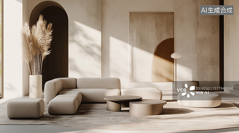【AI数字艺术】现代极简客厅：雕塑沙发与抽象艺术的午后暖光图片素材