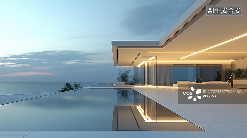 【AI数字艺术】极简海滨静居：纯白界面与全景玻璃的完美映像图片素材