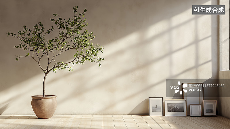 【AI数字艺术】现代侘寂客厅：素墙枯枝与晨光剪影的冥想空间图片素材