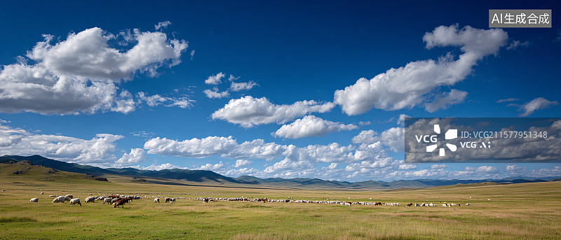【AI数字艺术】蓝天白云下的广袤草原牧场图片素材