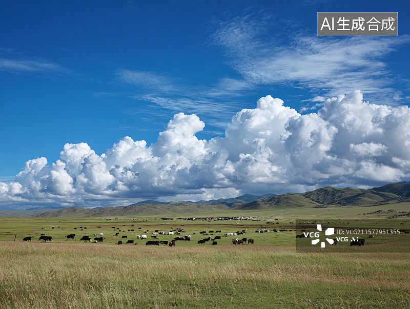 【AI数字艺术】蓝天白云下的广袤草原牧场图片素材
