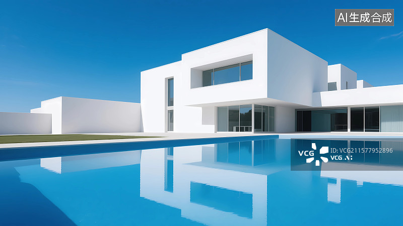 【AI数字艺术】泳池旁的白色建筑图片素材