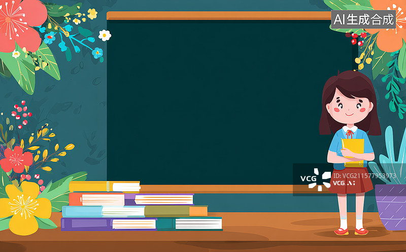 【AI数字艺术】教室里的小女孩与书本图片素材