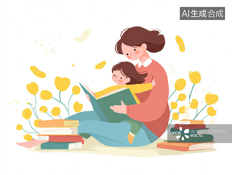 【AI数字艺术】母女共读，花间书香图片素材