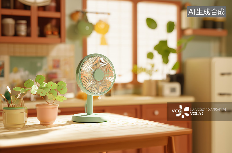 【AI数字艺术】厨房台面上的绿色小风扇图片素材