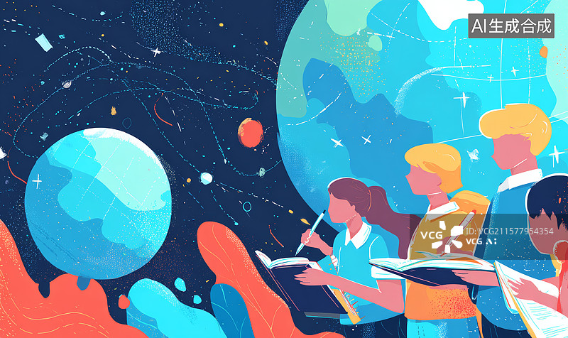 【AI数字艺术】学生阅读探索宇宙与地球图片素材