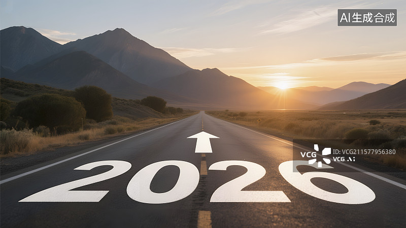 【AI数字艺术】指向2026的公路与日落山景图图片素材