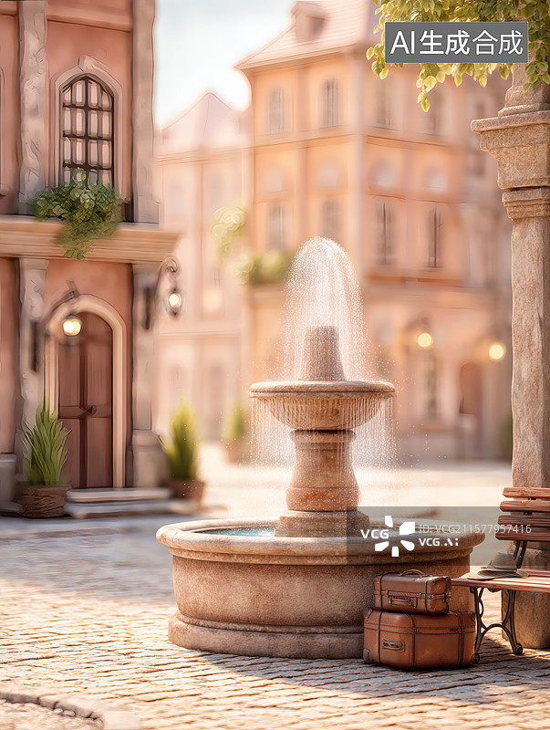 【AI数字艺术】古街喷泉静谧景致图片素材