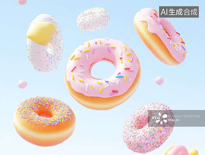 【AI数字艺术】飞在天空中的甜甜圈，甜蜜节日背景图片素材