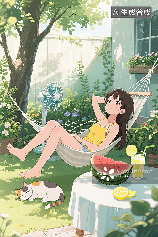 【AI数字艺术】夏日午后庭院树荫下乘凉休息的女孩图片素材