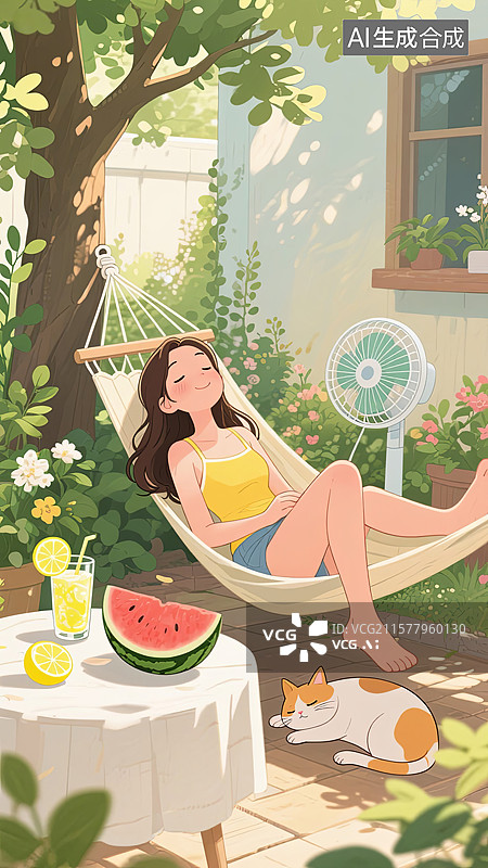 【AI数字艺术】夏日午后庭院树荫下乘凉休息的女孩图片素材