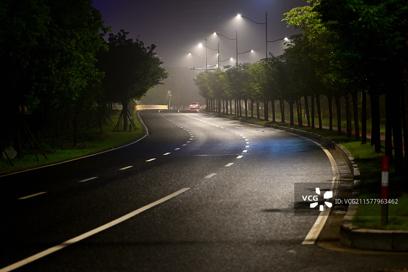 梅雨季的路灯、马路、汽车，雨夜中的上海奉贤望园路图片素材