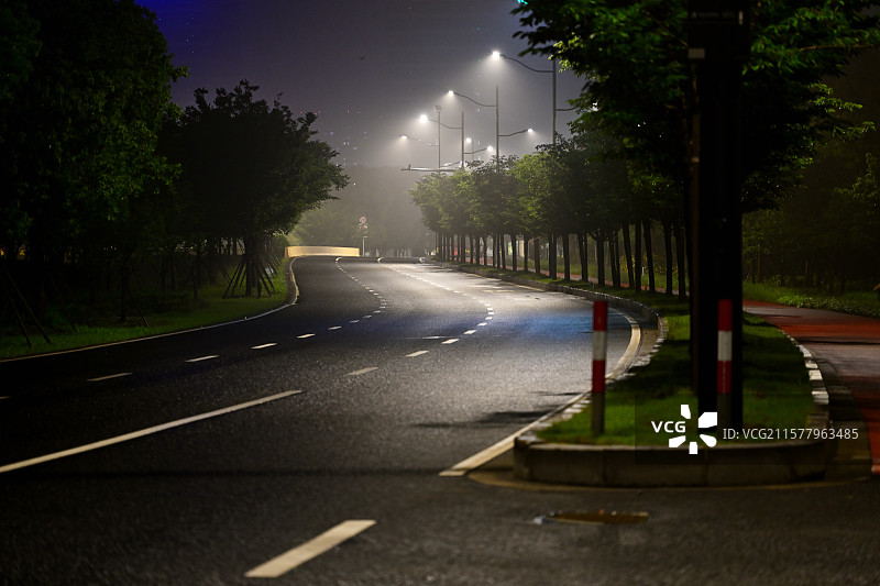 梅雨季的路灯、马路、汽车，雨夜中的上海奉贤望园路图片素材