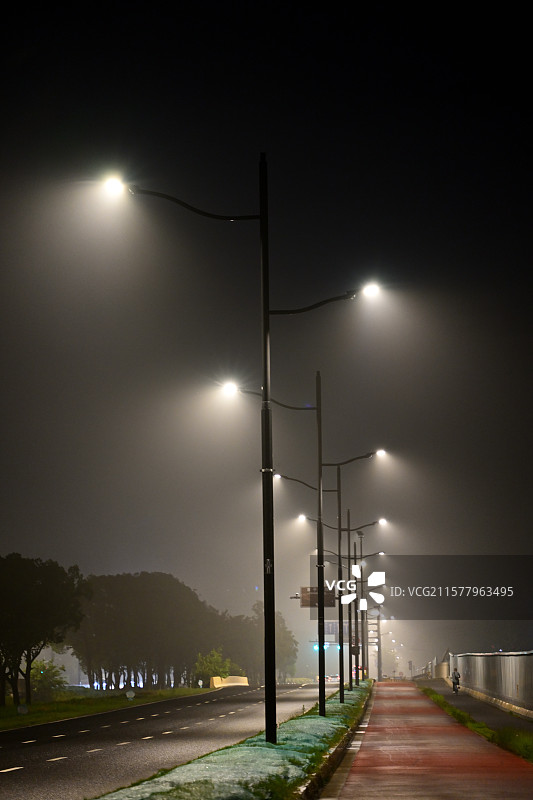 梅雨季的路灯、马路和行人，雨夜中的上海奉贤望园路图片素材