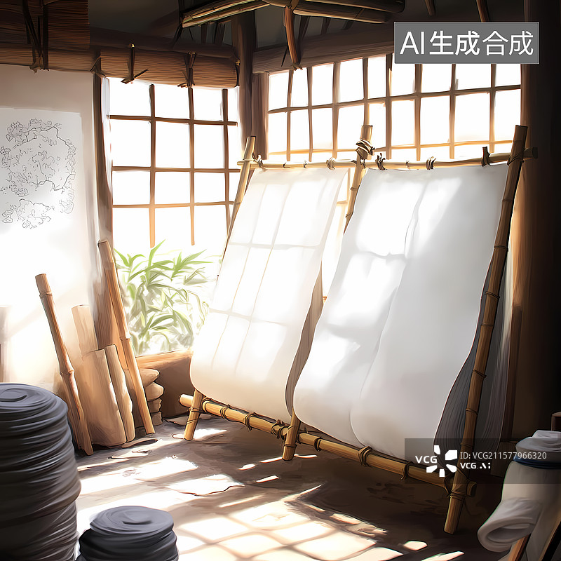【AI数字艺术】楮皮纸晒制工艺插图背景图片素材