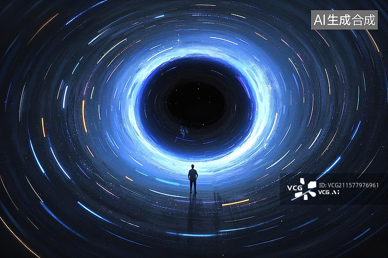 【AI数字艺术】带人类剪影的黑暗宇宙黑洞卡通插图图片素材