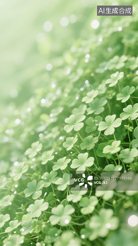 【AI数字艺术】一片浅绿色，小油绿迷你四叶草纹理构成的整张背景图，通透的小花，薄如绢纱，炫彩光芒滤镜图片素材