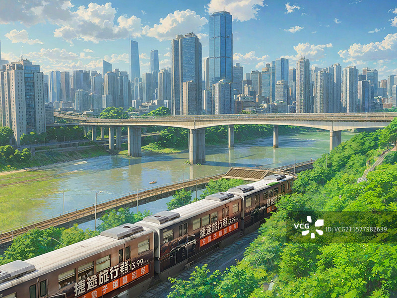 重庆2号线轻轨与观音桥商圈的动漫图图片素材