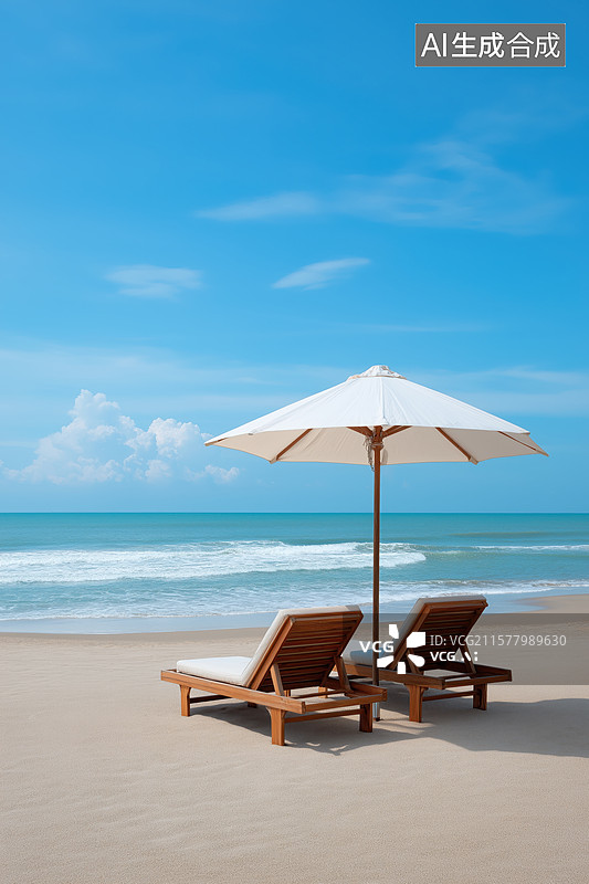 【AI数字艺术】海滩太阳伞和躺椅图片素材