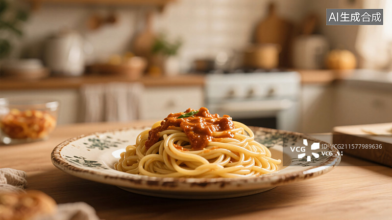 【AI数字艺术】温馨厨房中的意大利面美食图片素材