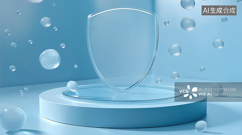 【AI数字艺术】透明盾牌置于蓝色基座，周围水珠环绕图片素材