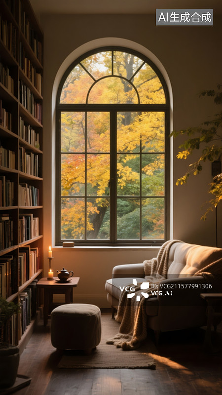 【AI数字艺术】阳光照射窗前，巨大的拱形窗棂书架巍峨矗立，密密麻麻排列着的书籍，金黄与翠绿交织的树叶图片素材