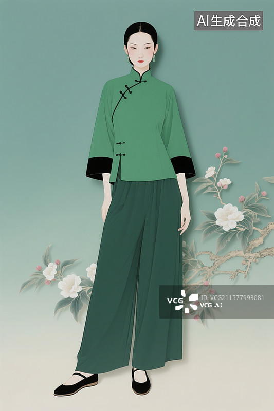 【AI数字艺术】中式复古绿， 中式复古风穿搭，浓郁的绿色上衣，宽松的阔腿裤，国画工笔图片素材