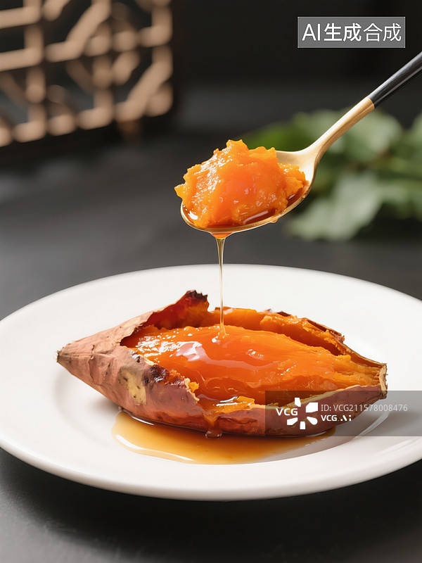 【AI数字艺术】白色盘子，烤红薯，剥开的红薯露出橙红色内瓤，糖浆流淌，勺子舀起红薯内瓤 。图片素材