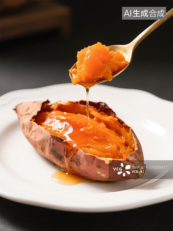 【AI数字艺术】白色盘子，烤红薯，剥开的红薯露出橙红色内瓤，糖浆流淌，勺子舀起红薯内瓤 。图片素材