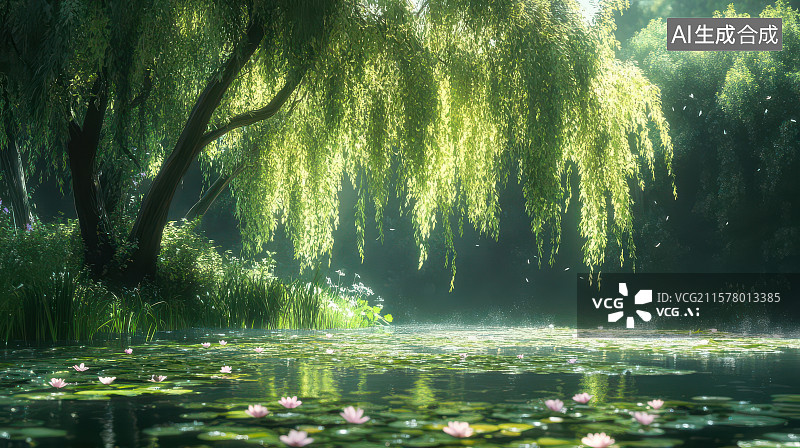 【AI数字艺术】湖畔垂柳睡莲自然风光图图片素材