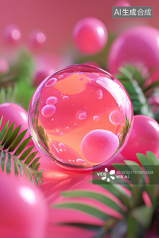 【AI数字艺术】可爱治愈绿草中的粉色透明玻璃球化妆品萃取3D卡通立体插画图片素材