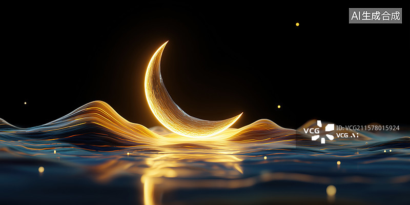 【AI数字艺术】奢华土豪金月亮从黑金色地面升起3D卡通立体插画图片素材