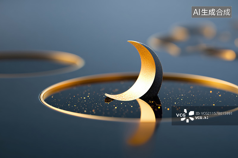 【AI数字艺术】奢华土豪金月亮从黑金色地面升起3D卡通立体插画图片素材