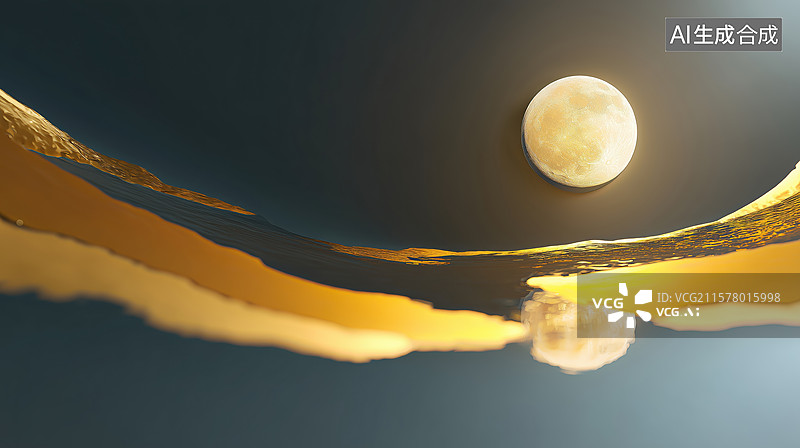 【AI数字艺术】奢华土豪金月亮从黑金色地面升起3D卡通立体插画图片素材