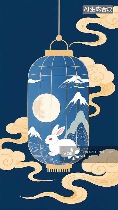 【AI数字艺术】中秋节蓝染灯笼和玉兔背景图片素材