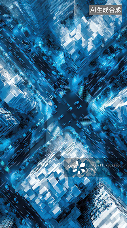 【AI数字艺术】俯瞰蓝色城市夜景图片素材