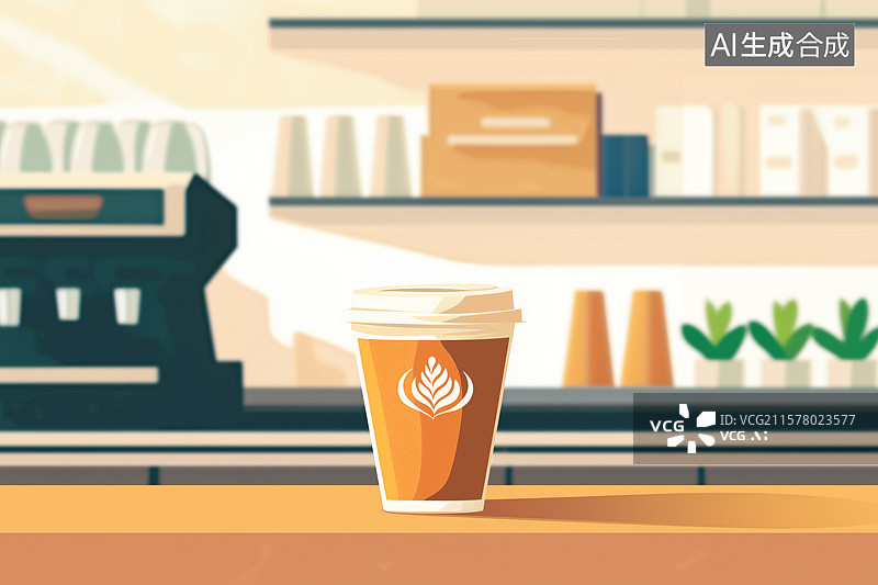 【AI数字艺术】咖啡店室内场景桌面放置一杯咖啡图片素材