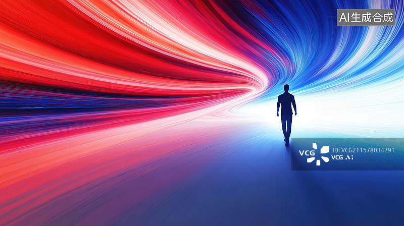 【AI数字艺术】行者穿越色彩斑斓的光流隧道图片素材
