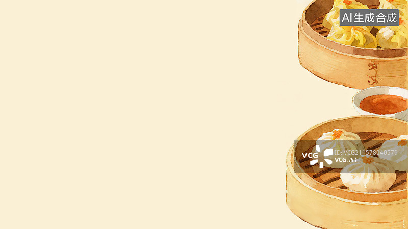 【AI数字艺术】2D卡通居右背景趣味扁平元素，广州粤式早茶茶点下午茶甜品点心蒸煮丰盛营养美食新鲜小吃包装背景手绘插图绘画图片素材