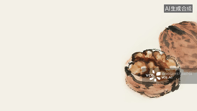 【AI数字艺术】复古中国风水墨画居右背景，剥开的薄皮大 核桃仁新国风新鲜美食小吃春节年货坚果干果零食健康营养补脑图片素材