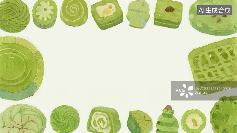 【AI数字艺术】2D卡通最大背景趣味扁平元素，抹茶绿茶口味下午茶甜品点心美食小吃饼干曲奇蛋糕卷手绘插画包装背景印花图案图片素材
