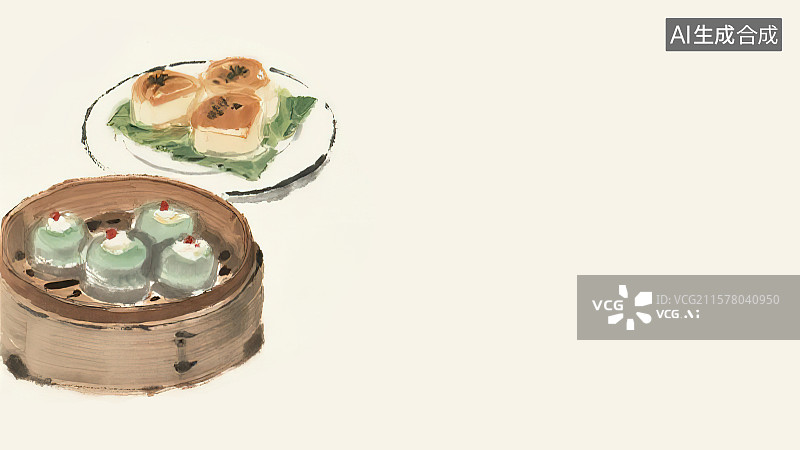 【AI数字艺术】复古中国风水墨画居左背景，新国风广州粤式早下午茶点心丰盛营养新鲜美食小吃年夜饭聚餐菜单包装手绘插图图片素材