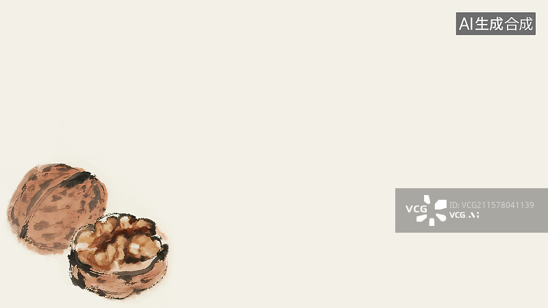 【AI数字艺术】复古中国风水墨画左下背景，剥开的薄皮大 核桃仁新国风新鲜美食小吃春节年货坚果干果零食健康营养补脑图片素材