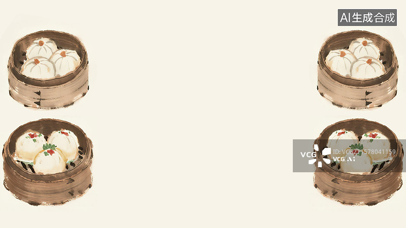 【AI数字艺术】复古中国风水墨画两侧背景，新国风广州粤式早下午茶点心丰盛营养新鲜美食小吃年夜饭聚餐菜单包装手绘插图图片素材