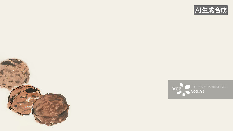 【AI数字艺术】复古中国风水墨画左下背景，剥开的薄皮大 核桃仁新国风新鲜美食小吃春节年货坚果干果零食健康营养补脑图片素材