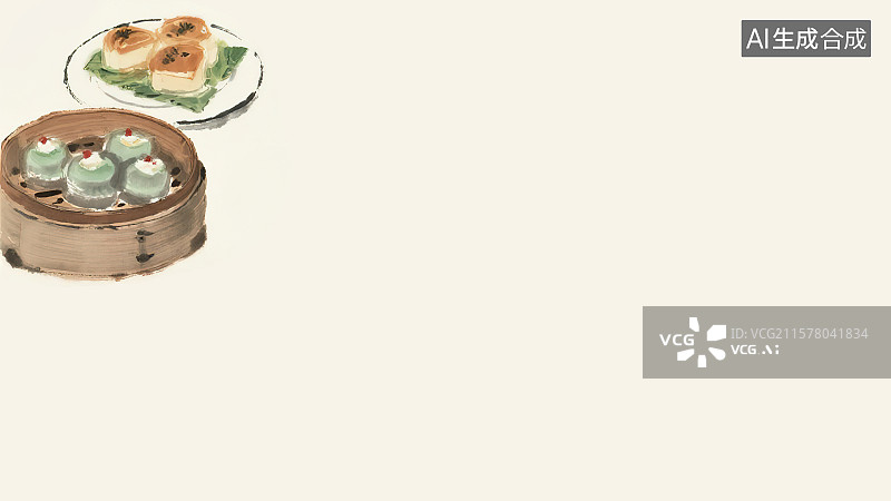 【AI数字艺术】复古中国风水墨画左上背景，新国风广州粤式早下午茶点心丰盛营养新鲜美食小吃年夜饭聚餐菜单包装手绘插图图片素材
