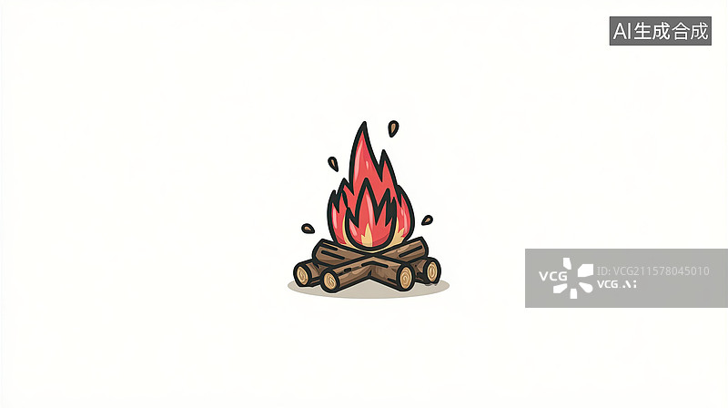 【AI数字艺术】创意抽象篝火图标极简平面设计夏令营和户外冒险主题篝火火把风格化木材和红色火焰图片素材