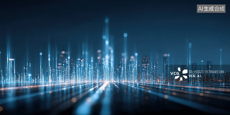 【AI数字艺术】未来夜城汽车创新抽象蓝色科技背景智慧城市景观中空旷道路速度光迹图片素材