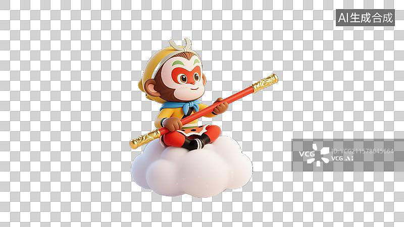 【AI数字艺术】可爱卡通猴子英雄孙悟空西游记角色3D插画坐在云上手持魔法棒萌趣IP商业背景儿童读物杂志封面儿童房装饰图片素材